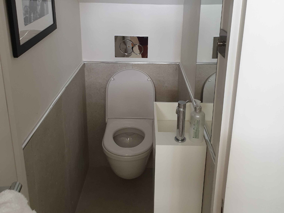 Wall-hung WC with concealed cistern fitted in a downstairs cloakroom