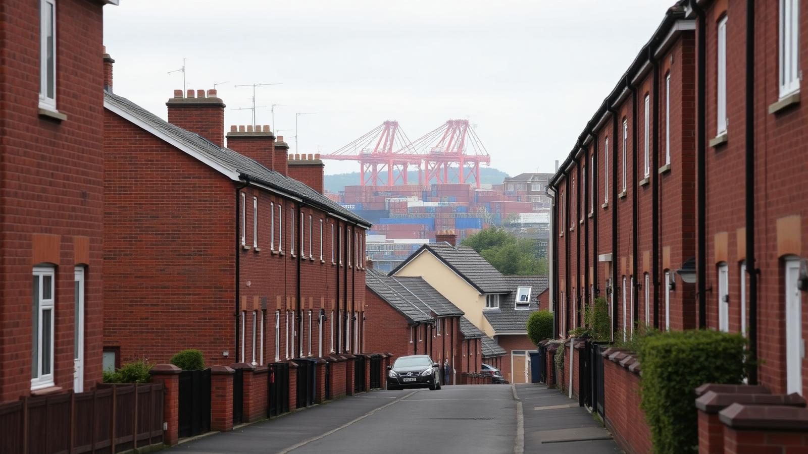 Brick terraced housing in Bootle with dockside cranes in the distance