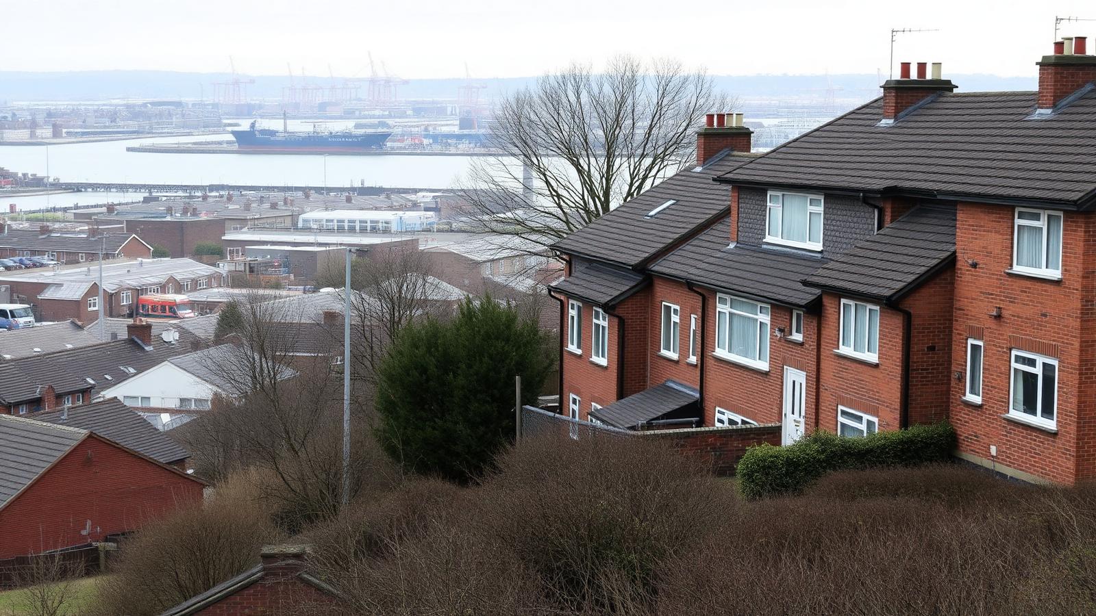 Terraced housing in Garston overlooking the River Mersey and dockside industry