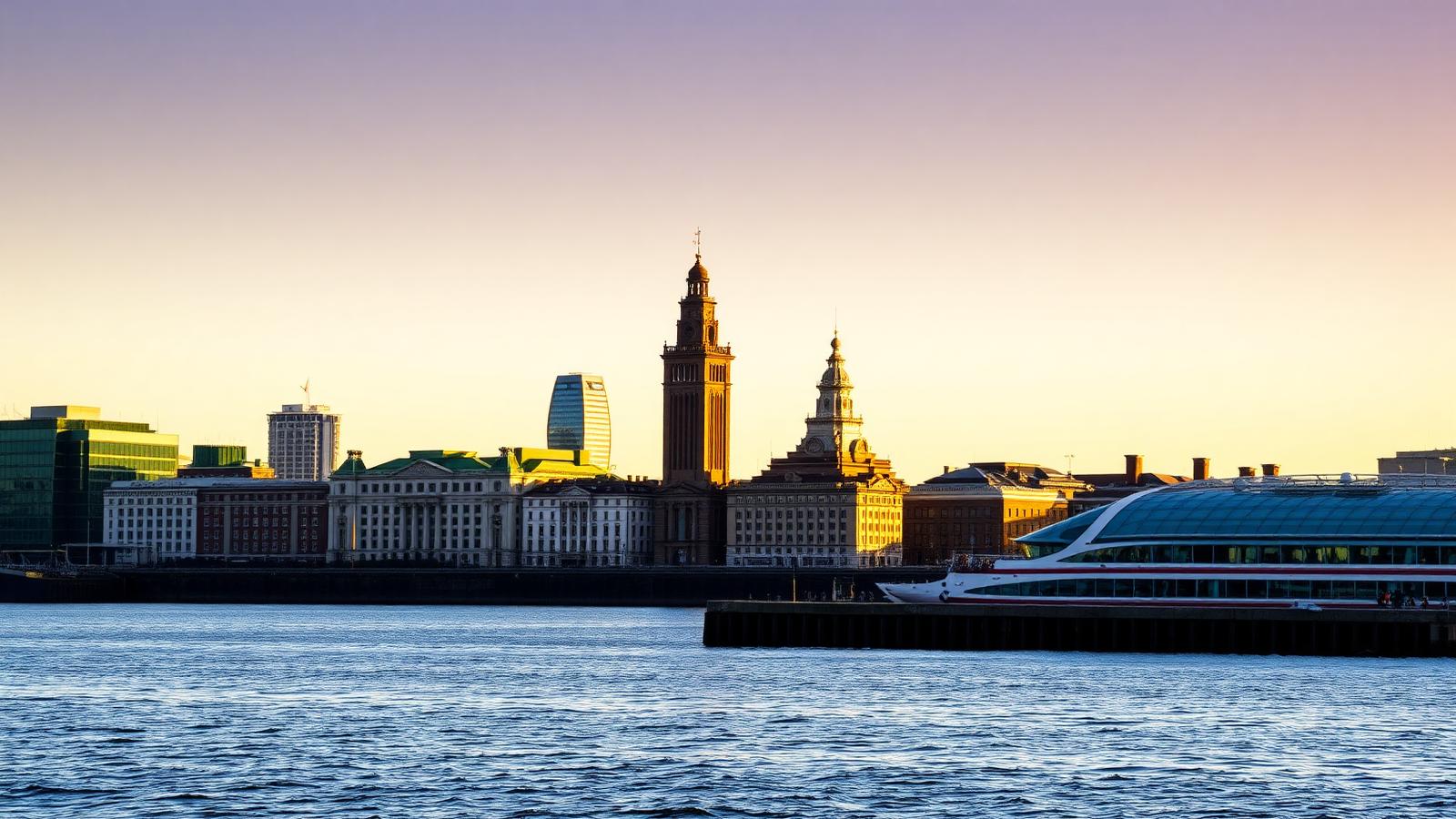 Liverpool waterfront skyline across the River Mersey at golden hour