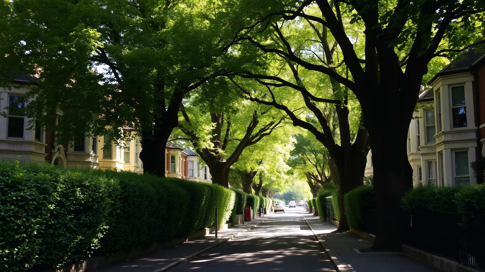 Tree-lined avenue of Victorian bay-window houses in Wavertree, Liverpool