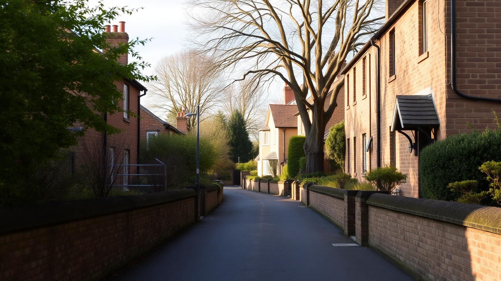 Sandstone cottages and stone walls along a quiet lane in Woolton village